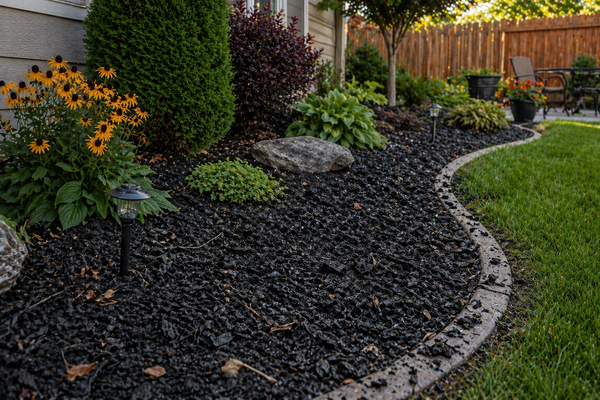 Rubber mulch landscape surface where mulch glue can be applied