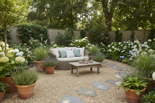 Backyard pea gravel area stabilized without concrete using pea gravel glue