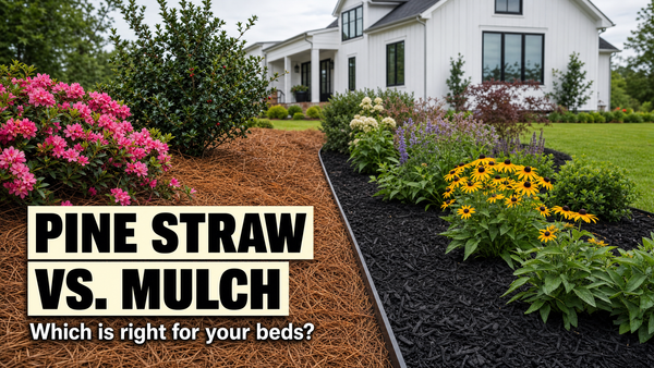 Pine straw vs. mulch comparison in side-by-side landscape beds