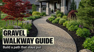 Pea gravel walkway curving through mulched landscape beds