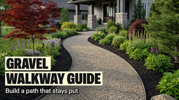 Pea gravel walkway curving through mulched landscape beds
