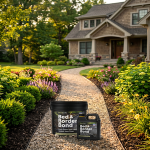 Spray-on mulch lock product keeping mulch securely in place in a garden bed