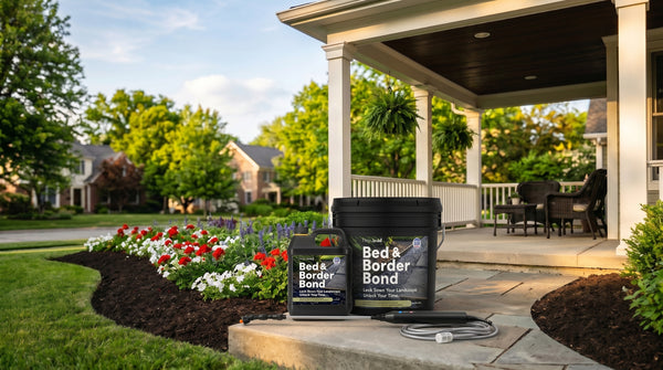 TerraLock Bed & Border Bond 1 and 5 gallon mulch glue & rock binder adhesives with newly launched automated wand sprayer 