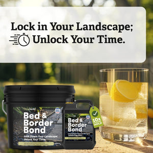 Two containers labeled 'Bed & Border Bond' with a glass of lemonade on a blurred outdoor background.